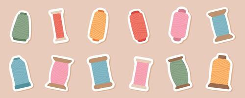 A collection of colorful spool illustrations sticker pack, with different threads for sewing. Each thread spool icon is designed in a cute, cartoon graphic style, for various sewing and tailor project vector