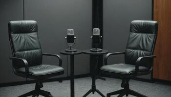 An audio recording setup captures two microphones and chairs in a modern studio, symbolizing dialogue and creativity in media production. photo