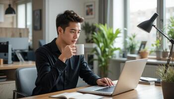 A focused individual enjoys coffee while working on a laptop in a modern home office, highlighting productivity and a stylish workspace. photo