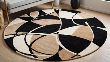 A round rug featuring abstract patterns in black, cream, and beige, adding a contemporary touch to a modern living space. photo