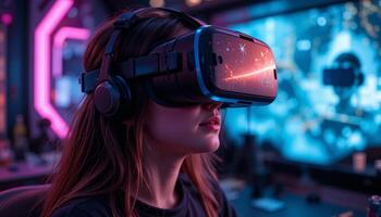 A person engages deeply with virtual reality using a headset and headphones, surrounded by a futuristic, lit environment, focusing on immersive gaming or experiences. photo