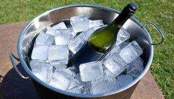 A chilled bottle of wine nestled in ice cubes within a shiny metal bucket, creating a refreshing scene, perfect for parties, celebrations, or hospitality-related themes. photo