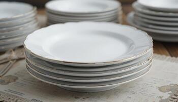 Elegant white plates with gold trim stacked neatly on a rustic wooden table, suggesting luxury dining, suitable for event promotions, fine dining themes, or culinary presentations. photo