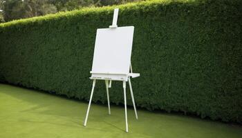 A blank white canvas easel set against lush greenery, offering a serene outdoor setting for artists to create, ideal for art workshops or inspiration. photo