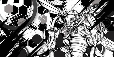 Illustration of a robot bee on a black and white abstract background vector
