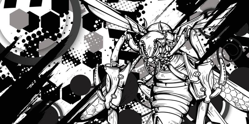 Illustration of a robot bee on a black and white abstract background