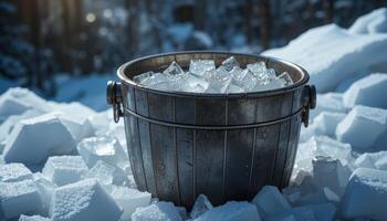 A metal bucket filled with crystal-clear ice is surrounded by snow, creating a refreshing atmosphere, perfect for beverage promotions or event planning in winter settings. photo