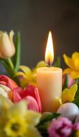 A lit candle surrounded by blooming tulips and daffodils, emanating a warm glow, ideal for creating a cozy atmosphere in spring-inspired decor. photo