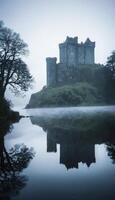 A haunting castle emerges from the mist, reflected in tranquil waters, creating a captivating scene that evokes mystery, history, and a touch of fantasy in a serene landscape. photo