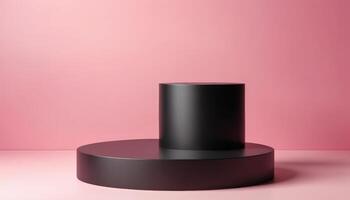 A minimalist black display stand set against a soft pink background, providing a stylish platform for product showcases, art displays, or presentations. photo