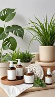 A serene setup of natural beauty products and plants, providing a relaxing and fresh atmosphere, ideal for wellness and skincare marketing. photo