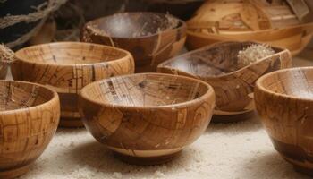 A collection of beautifully crafted wooden bowls with distinct grains and patterns set against a soft, textured background, ideal for kitchenware brands and rustic home decor. photo