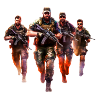Action-packed Military Team Advancing with Weapons in Combat Scenarios png