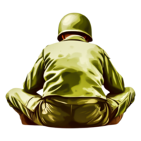 Solitary Soldier in Green Uniform Sitting with Back to View png