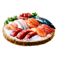 Fresh and Colorful Assortment of Sushi and Sashimi on Ice png