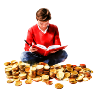 Young Boy Reading with Coins Piled Around Him in Vibrant Scene png