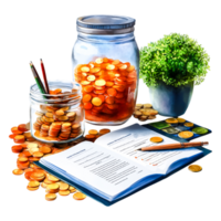 Financial Planning Tools with Coins, Plants, and Books on Tabletop png