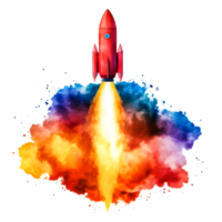 Bright Red Rocket Launching into Colorful Abstract Cloud Background png