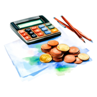 Calculator, coins, and papers on a table for financial analysis png