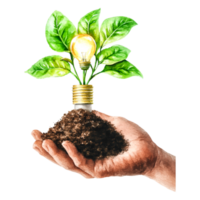 Hand Holding Soil with Light Bulb and Green Plant Concept of Growth png
