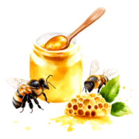 Honey Jar with Bees and Honeycomb in Vibrant Watercolor Style png