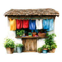 Charming Outdoor Stall with Colorful Fabrics and Potted Plants png
