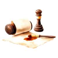 Wooden Gavel on Scroll with Ink Blot and Quill Pen on Table png