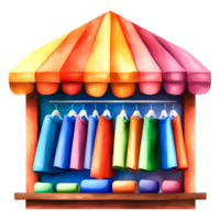 Colorful Textile Stall with Hanging Fabrics and Vibrant Canopy png