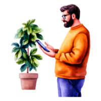 Man Using Tablet Next to Potted Plant in Cozy Environment png