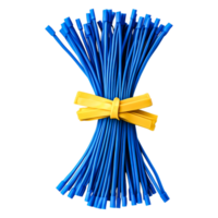 Bundle of Bright Blue Plastic Straws Tied with Yellow Ribbon png