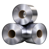 Metallic rolls of shiny aluminum foil stacked in a triangular formation png