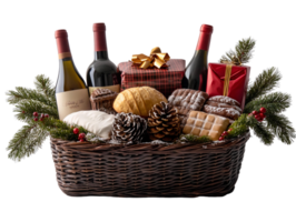 Wicker basket christmas gift set with wine and sweets on transparent background png