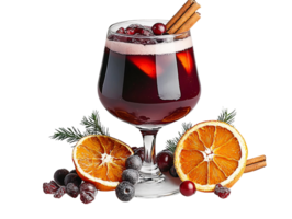 Mulled wine in glass with orange and cranberries on transparent background png