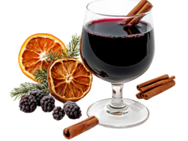 Mulled wine with cinnamon sticks and dried oranges on transparent background png