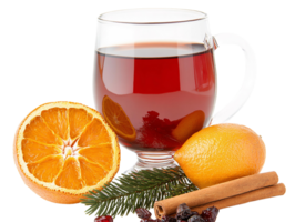 Mulled wine drink in glass mug with orange and lemon slices on transparent background png