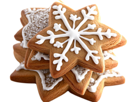 Decorated Gingerbread Star Cookies with Snowflake Patterns on Transparent Background png