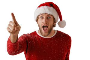 Festive Man in Santa Hat with Surprised Expression Pointing Up on Transparent Background png