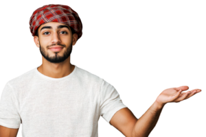 Man in red plaid cap presenting on transparent background png