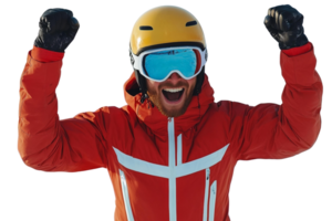 Joyful skier in red jacket with yellow helmet on transparent background png