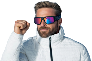 Man in white jacket with mirrored sunglasses on transparent background png