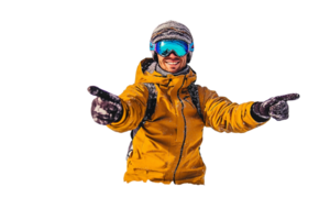 Smiling skier in yellow jacket pointing on transparent background png