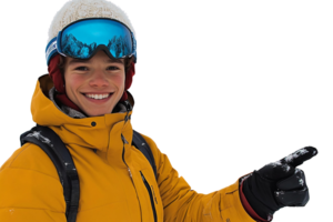 Smiling man in yellow ski jacket pointing on transparent background png