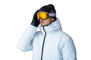 Man in white puffer jacket and ski goggles on transparent background png