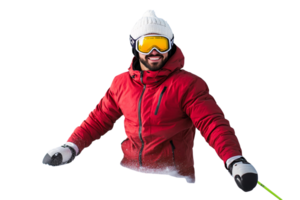 Smiling skier in red jacket on transparent background png