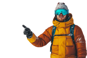 Snow-covered man in yellow puffer jacket pointing on transparent background png