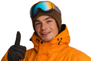 Smiling snowboarder in orange jacket on transparent background png