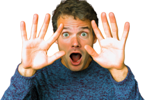 Surprised man with hands up, isolated on transparent background png