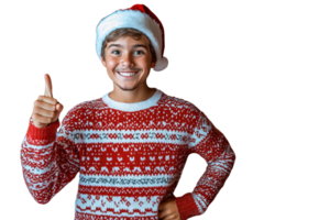 Smiling boy in red christmas sweater with thumbs up gesture on transparent background png
