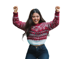 Joyful woman in red knit sweater celebrating on transparent background png