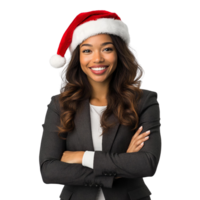 Smiling woman santa hat business portrait on transparent background png